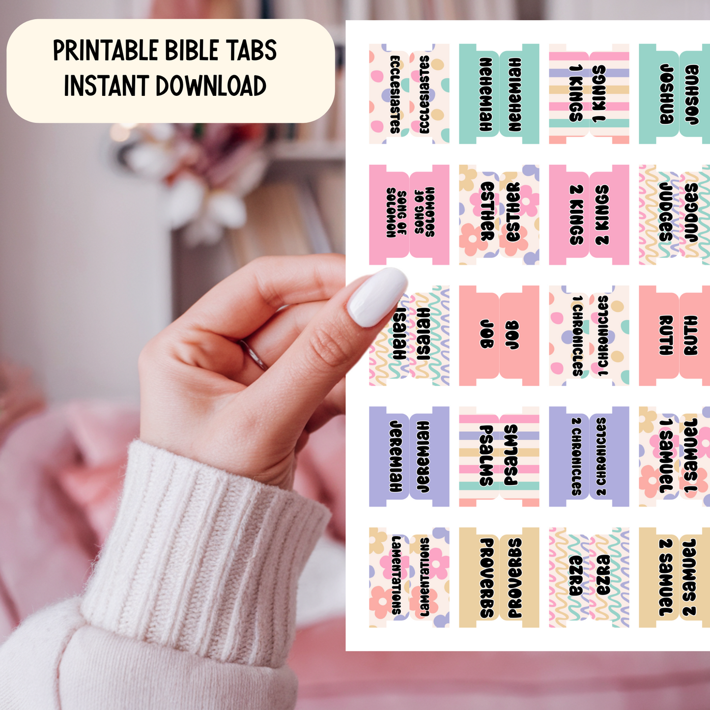 Printable Bible Tabs | Cute Bible Tabs for Women & Teens | Floral, Bright, Stripes | DIY Bible Journaling & Christian Planner Tabs | Blush & Bloom