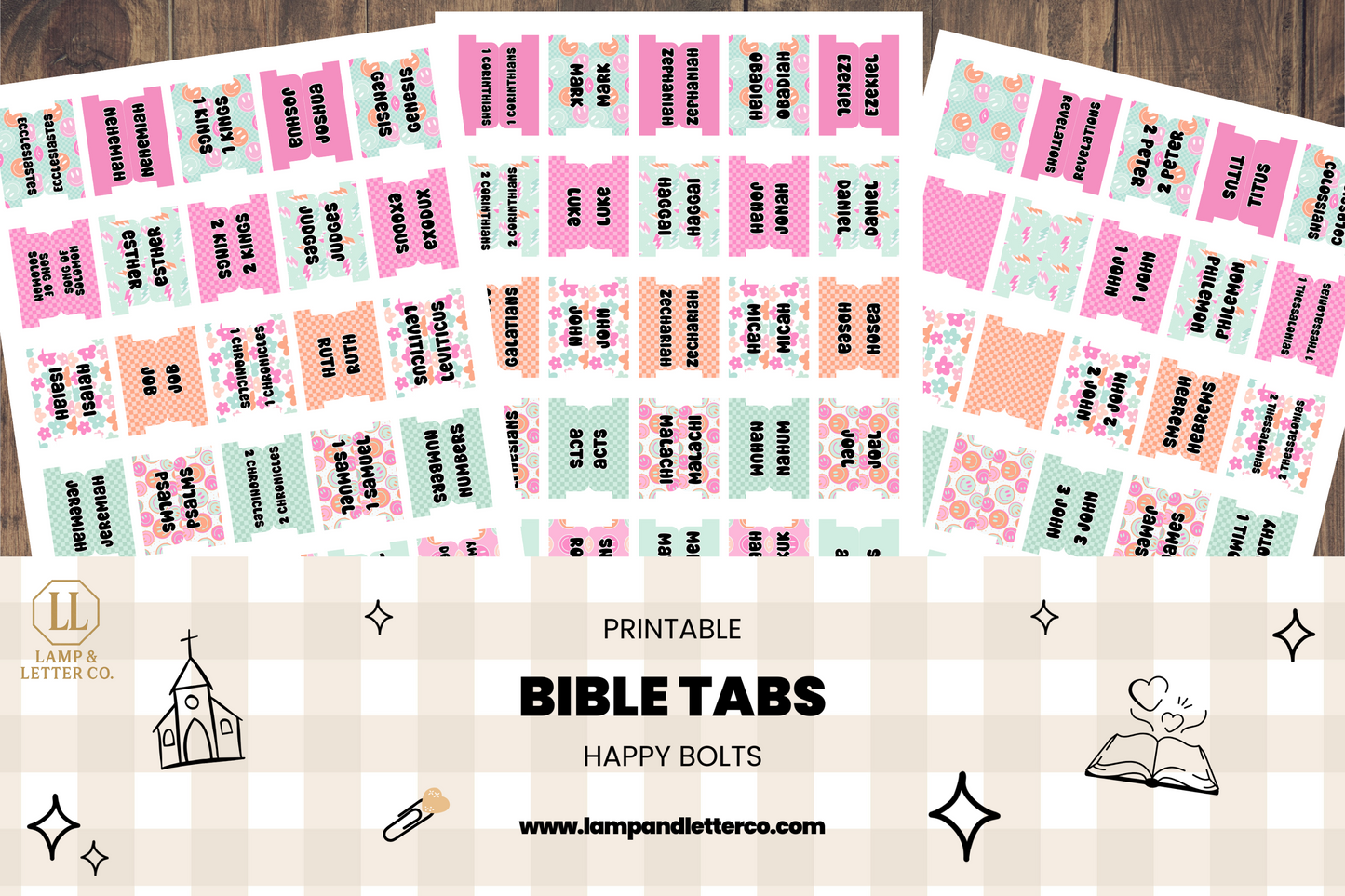 Printable Bible Tabs | Cute Bible Tabs for Women & Teens | Floral, Bright, Stripes | DIY Bible Journaling & Christian Planner Tabs | Happy Bolts