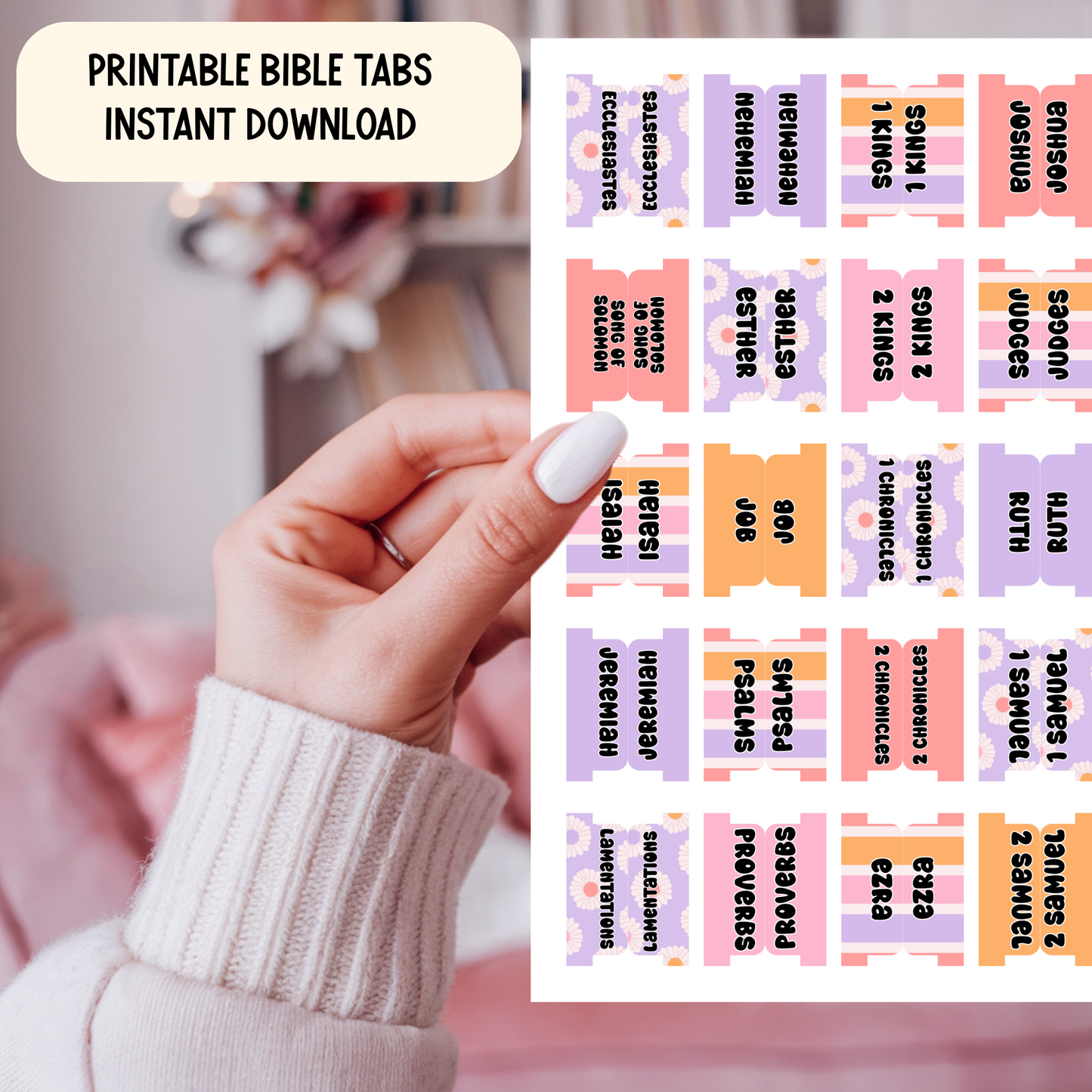 Printable Bible Tabs | Cute Bible Tabs for Women & Teens | Floral, Bright, Stripes | DIY Bible Journaling & Christian Planner Tabs | Petals & Praise Bible Tabs
