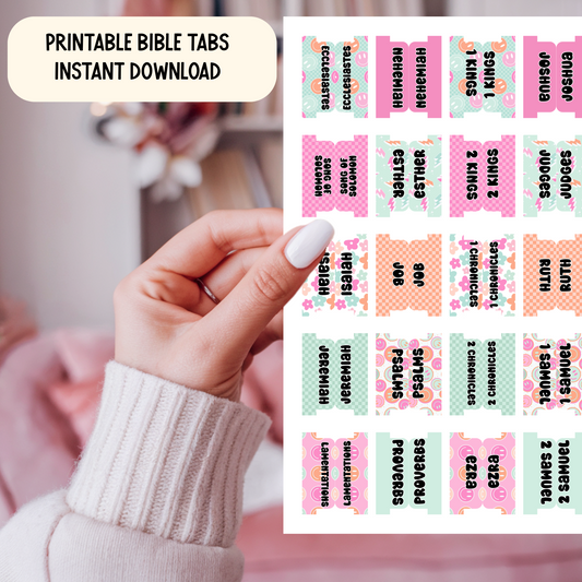 Printable Bible Tabs | Cute Bible Tabs for Women & Teens | Floral, Bright, Stripes | DIY Bible Journaling & Christian Planner Tabs | Happy Bolts