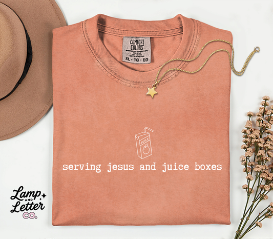 Serving Jesus and Juice Boxes Shirt | Christian Mom Tee | Funny Faith Graphic Tee | Comfort Colors 1717 | Christian Mama Shirt | Church Life Tee