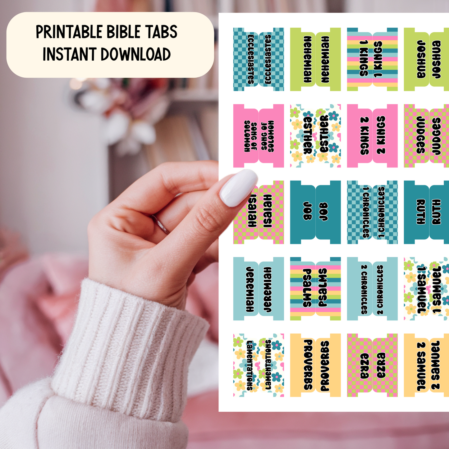 Printable Bible Tabs | Cute Bible Tabs for Women & Teens | Floral, Bright, Stripes | DIY Bible Journaling & Christian Planner Tabs | Bold Blossoms