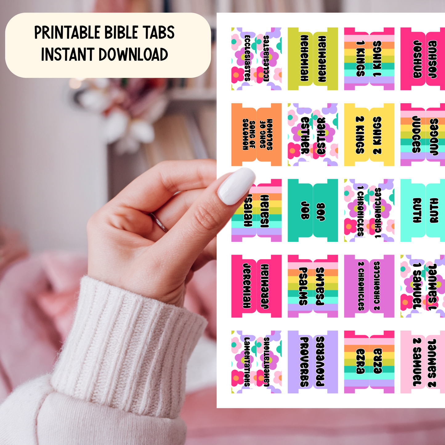 Printable Bible Tabs | Cute Bible Tabs for Women & Teens | Floral, Bright, Stripes | DIY Bible Journaling & Christian Planner Tabs | Bright Blooms