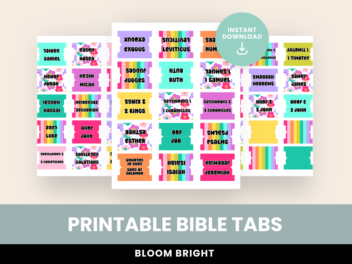 Printable Bible Tabs | Cute Bible Tabs for Women & Teens | Floral, Bright, Stripes | DIY Bible Journaling & Christian Planner Tabs | Bright Blooms