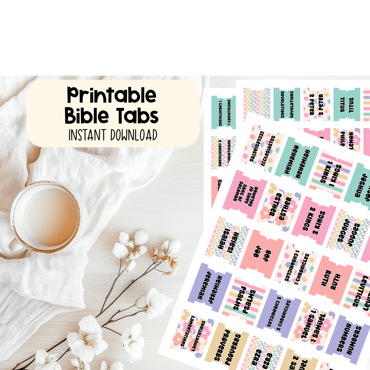 Printable Bible Tabs | Cute Bible Tabs for Women & Teens | Floral, Bright, Stripes | DIY Bible Journaling & Christian Planner Tabs | Blush & Bloom