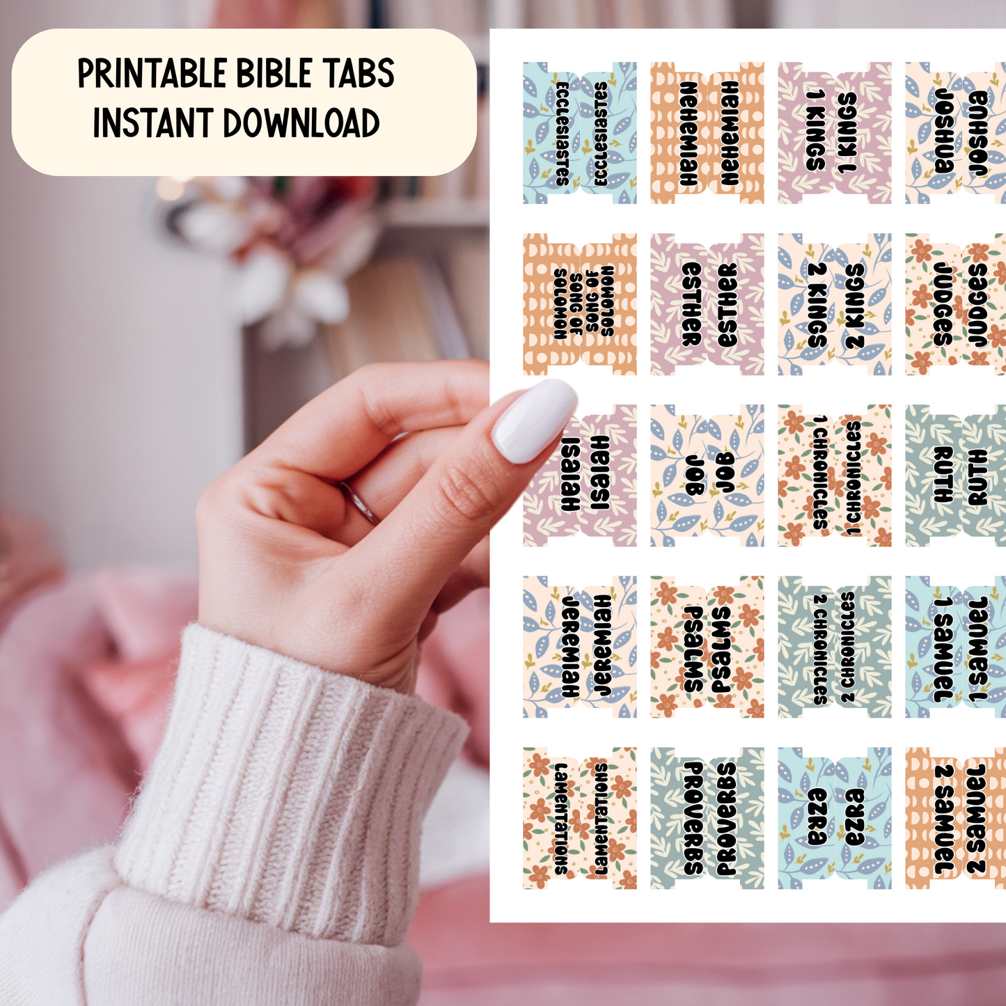 Printable Bible Tabs | Cute Bible Tabs for Women & Teens | Floral, Boho, Stripes | DIY Bible Journaling & Christian Planner Tabs
