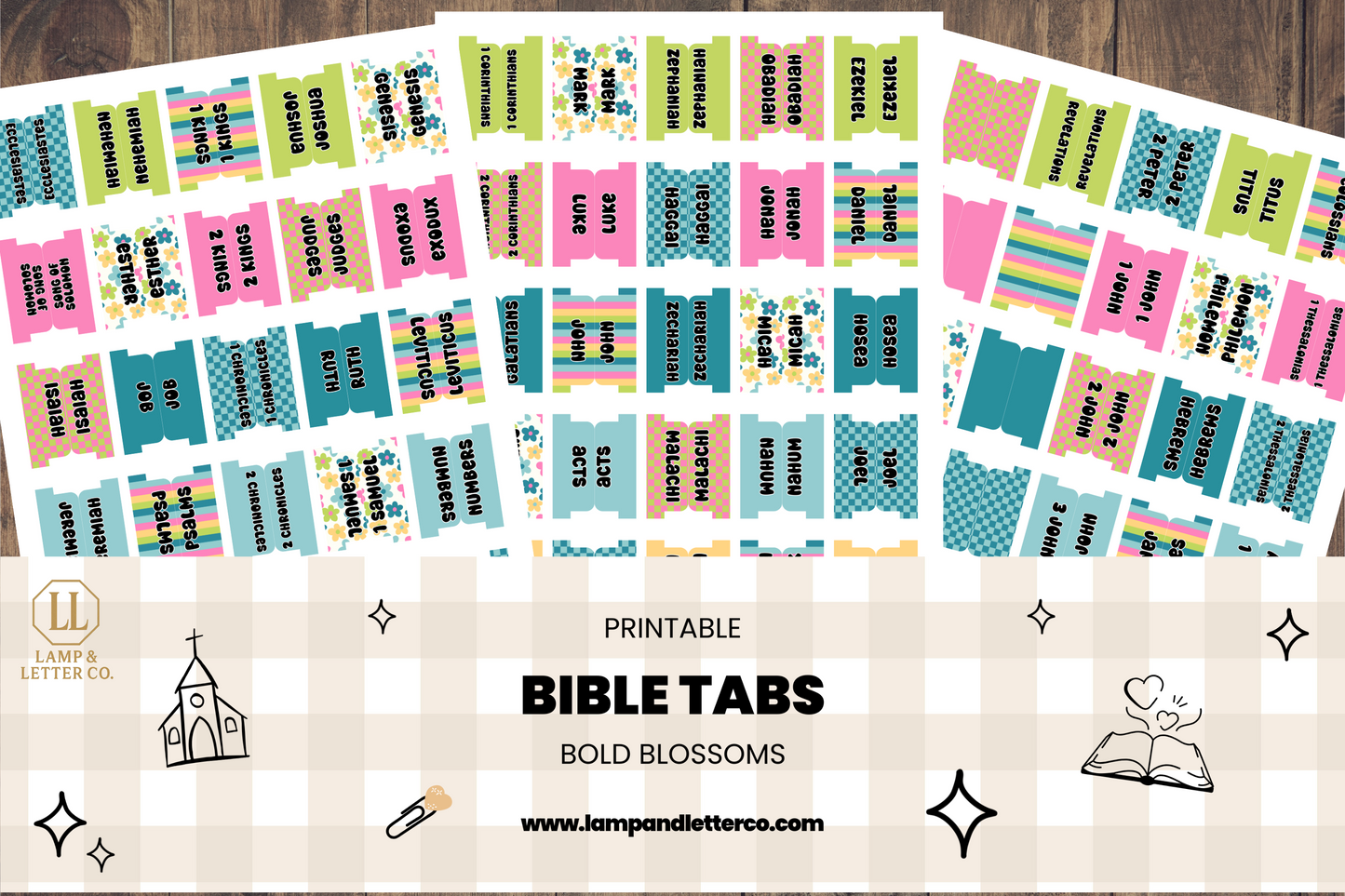 Printable Bible Tabs | Cute Bible Tabs for Women & Teens | Floral, Bright, Stripes | DIY Bible Journaling & Christian Planner Tabs | Bold Blossoms