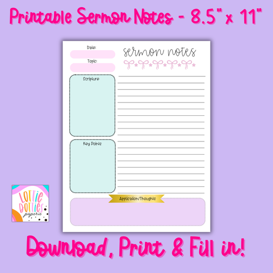 Printable Sermon Notes Page | Pastel Sermon Journal Sheet | Christian Note Taking Template | Faith Planner Insert | Digital Download 8.5x11