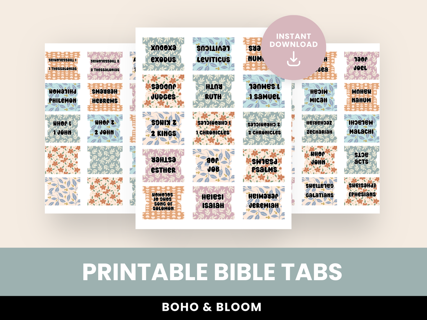 Printable Bible Tabs | Cute Bible Tabs for Women & Teens | Floral, Boho, Stripes | DIY Bible Journaling & Christian Planner Tabs
